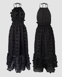 Halter 3D Flower Mesh Slit Evening Dress Backless Shirred Ruffle Hem Double Layer Maxi Dress