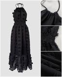Halter 3D Flower Mesh Slit Evening Dress Backless Shirred Ruffle Hem Double Layer Maxi Dress