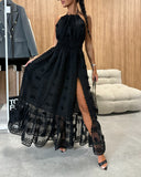 Halter 3D Flower Mesh Slit Evening Dress Backless Shirred Ruffle Hem Double Layer Maxi Dress
