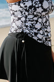 Black Plus Size Printed Square Neck Drawstring Ruffled Tankini Set