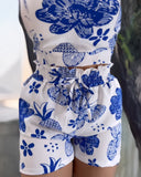 2 Pieces Outfit Floral Print Halter Backless Tied Detail Tank and Fruit Print Shirred Drawstring Shorts Set