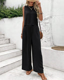 2 Pieces Outfit Back Lace Up Shell Trim Sleeveless Tank and Casual Pocket Design Pants Set