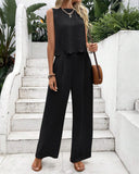 2 Pieces Outfit Back Lace Up Shell Trim Sleeveless Tank and Casual Pocket Design Pants Set