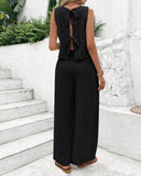 2 Pieces Outfit Back Lace Up Shell Trim Sleeveless Tank and Casual Pocket Design Pants Set