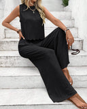 2 Pieces Outfit Back Lace Up Shell Trim Sleeveless Tank and Casual Pocket Design Pants Set