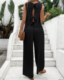 2 Pieces Outfit Back Lace Up Shell Trim Sleeveless Tank and Casual Pocket Design Pants Set