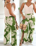 2 Piece Plant Pattern V Neck Spaghetti Strap Top Slit Front Wdie Leg Pants Elegant Pants Set