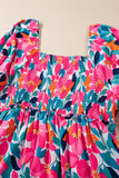 Rose Flower Print Smocked Square Neck Plus Size Dress