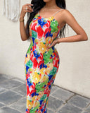 Abstract All Over Print Pleated Design Spaghetti Strap Maxi Dress