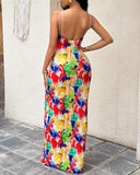 Abstract All Over Print Pleated Design Spaghetti Strap Maxi Dress