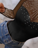 Rhinestone Decor Sheer Mesh Patch Bodysuit