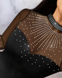 Rhinestone Decor Sheer Mesh Patch Bodysuit