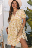 Yellow Floral Short Sleeve V Neck Frilly Tiered Mini Dress