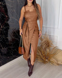 PU Bandeau Spaghetti Strap Bodycon Dress Casual Waist Tied Detail Front Slit Midi Dress