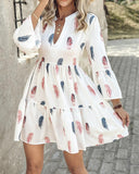 Feather Print Bell Sleeve Ruffles Casual Dress