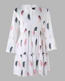 Feather Print Bell Sleeve Ruffles Casual Dress