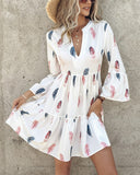 Feather Print Bell Sleeve Ruffles Casual Dress