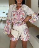 Floral Print Turn down Collar Lantern Sleeve Blouse and Casual Floral Shorts Sets with Belt