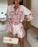 Floral Print Turn down Collar Lantern Sleeve Blouse and Casual Floral Shorts Sets with Belt