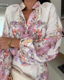 Floral Print Turn down Collar Lantern Sleeve Blouse and Casual Floral Shorts Sets with Belt