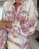 Floral Print Turn down Collar Lantern Sleeve Blouse and Casual Floral Shorts Sets with Belt