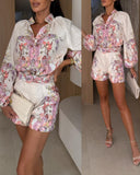 Floral Print Turn down Collar Lantern Sleeve Blouse and Casual Floral Shorts Sets with Belt