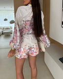 Floral Print Turn down Collar Lantern Sleeve Blouse and Casual Floral Shorts Sets with Belt