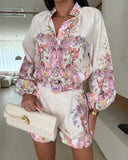 Floral Print Turn down Collar Lantern Sleeve Blouse and Casual Floral Shorts Sets with Belt