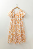 Apricot Floral Print Puff Short Sleeve Resort Plus Size Maxi Dress