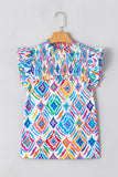 Light Blue Geometric Printed Flutter Sleeve Mock Neck Shirred Blouse