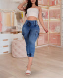 Casual High Waist Drawstring Capris Jeans with Pocket