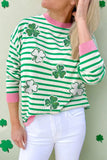 Bright Green Striped Sequin Clover Graphic Colorblock Long Sleeve St Patrick Top