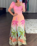 Tropical Print Sewatheart Neck Puff Sleeve Botton Front Slit Long Sleeves Vacation Dress