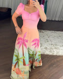 Tropical Print Sewatheart Neck Puff Sleeve Botton Front Slit Long Sleeves Vacation Dress