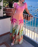 Tropical Print Sewatheart Neck Puff Sleeve Botton Front Slit Long Sleeves Vacation Dress