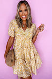 Yellow Floral Short Sleeve V Neck Frilly Tiered Mini Dress