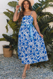 Blue Floral Printed Spaghetti Strap Maxi Dress with Waist Tie