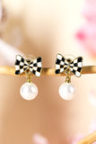 Black Checkered Bow Knot Pearl Pendant Stud Earrings