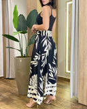 2 Pieces Outfit Spaghetti Strap Crop Tank and Casual Tribal Print Wide Leg Pants Set with Pockets