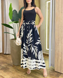 2 Pieces Outfit Spaghetti Strap Crop Tank and Casual Tribal Print Wide Leg Pants Set with Pockets