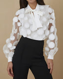 Floral Pattern Tie Neck Sheer Mesh Patch Hollow Out Blouse Top