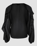V Neck Shoulder Asymmetrical Ruffles Blouse Casual Button Front Long Sleeve Top