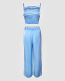 2 Pieces Outfit Weaving Textured Spaghetti Strap Crop Top and Casual Wide Leg Pants Set