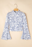 Sky Blue Floral Bell Sleeve Mock Neck Crop Mesh Top