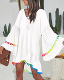 Colorblock V Neck Bell Sleeve A Line Tassel Mini Dress Vacation Dress