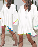 Colorblock V Neck Bell Sleeve A Line Tassel Mini Dress Vacation Dress