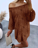 Rose Detail Off Shoulder Long Sleeve Casual Dress Loose Fit Mini Dress