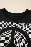 Black Checkerboard Peace Sign Printed Round Neck T Shirt