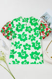 Green Contrast Embroidered Puff Short Sleeve Floral Blouse