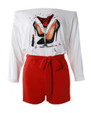 Off the Shoulder Long Sleeve Top Tied Detail Romper with Belt